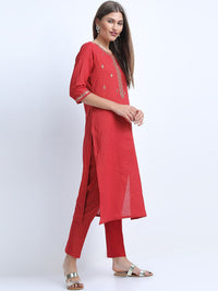 Vishudh Women Red Embroidered Pure Cotton Kurta with Trousers