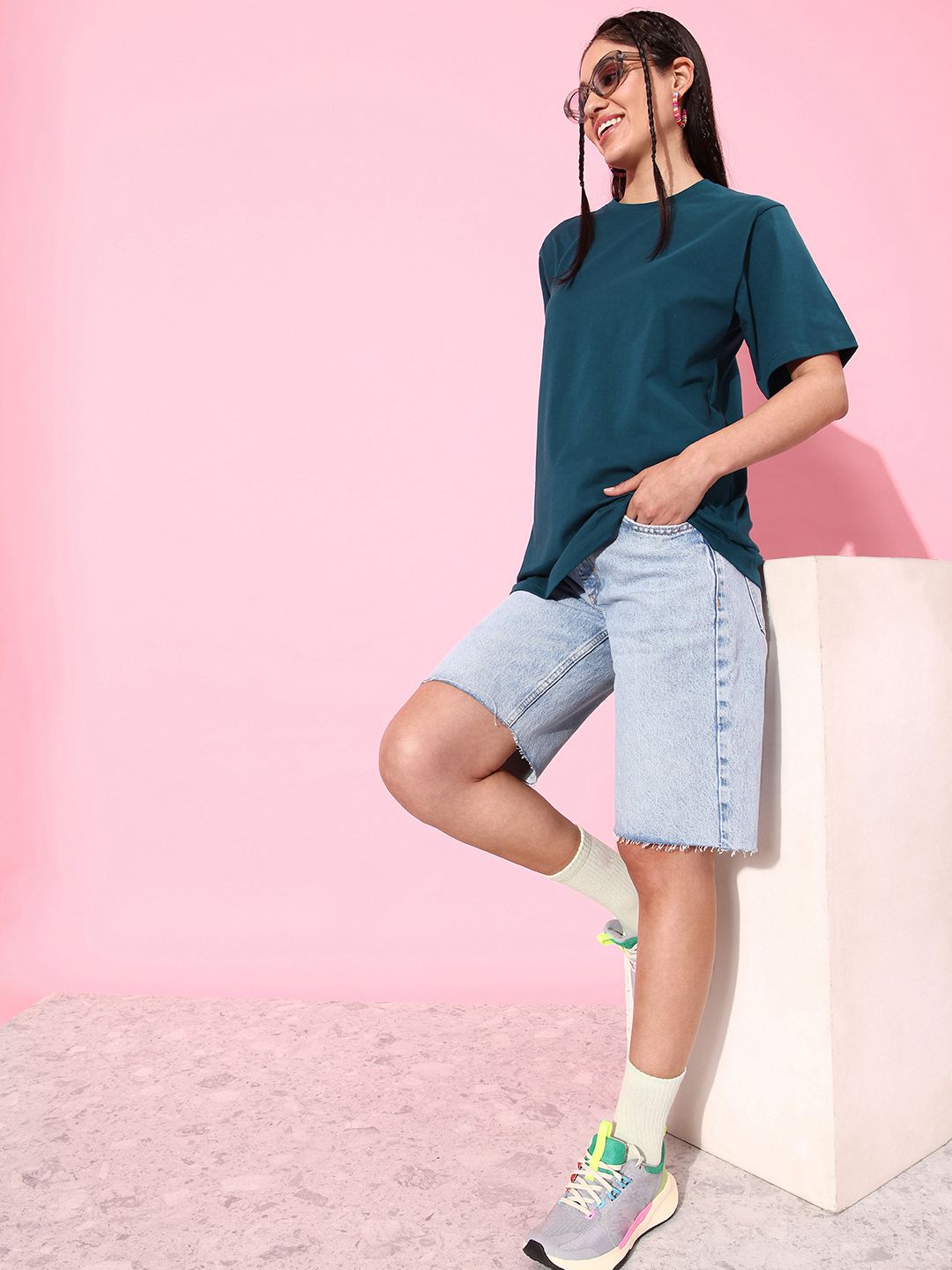 DILLINGER Blue & Pink Printed Oversized Pure Cotton Longline T-shirt