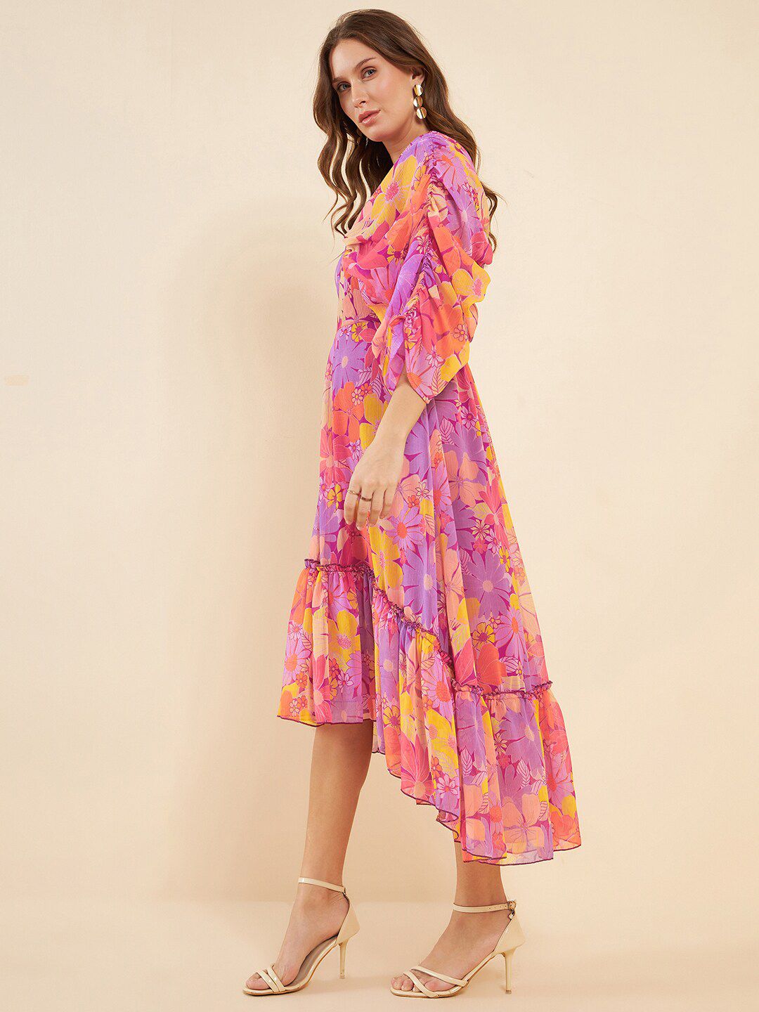 Antheaa Pink Floral Printed V-Neck Gathered Detailed Chiffon Fit & Flare Midi Dress