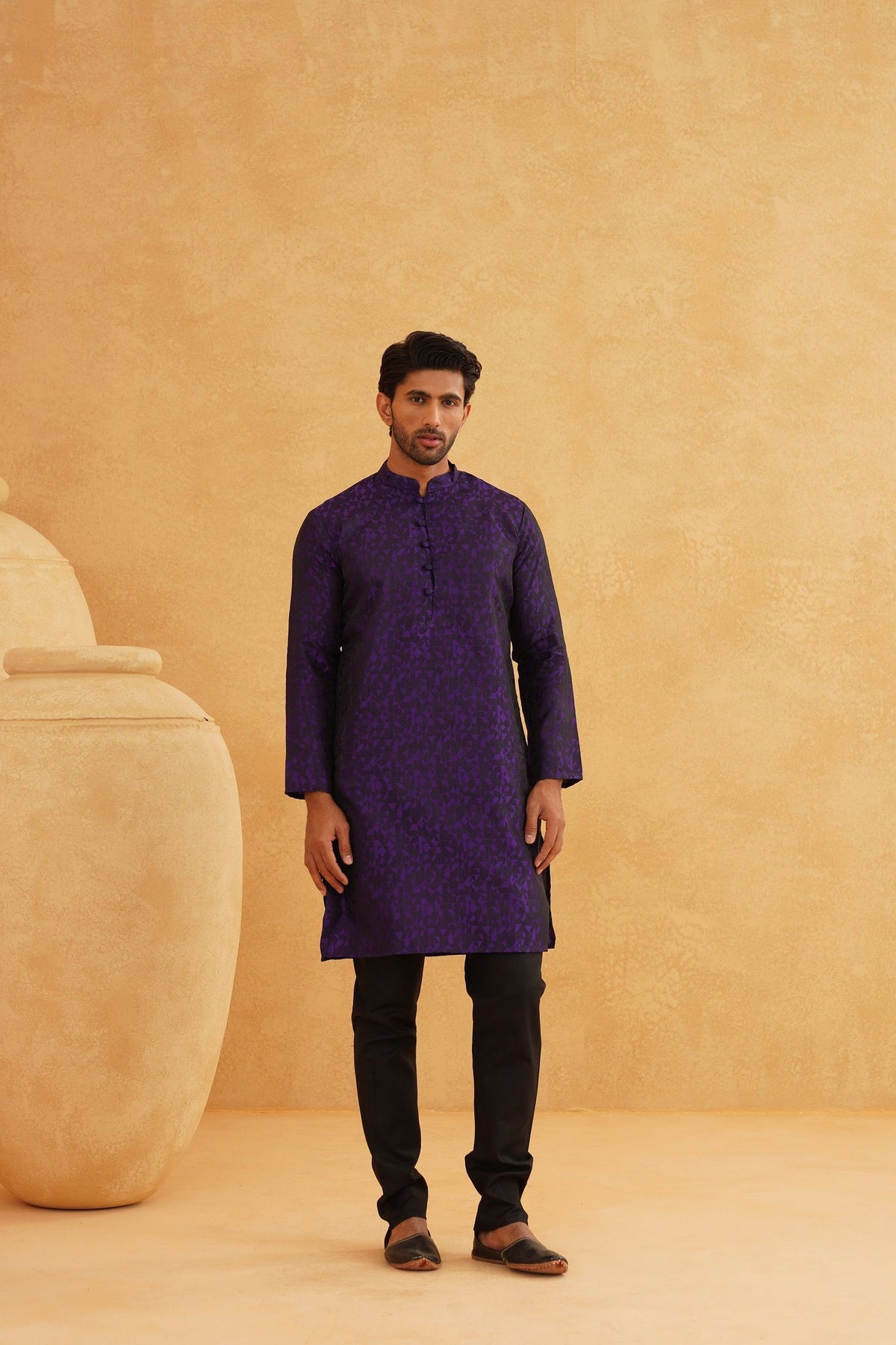 SOJANYA Geometric Printed Mandarin Collar Jacquard Silk Straight Long Kurta