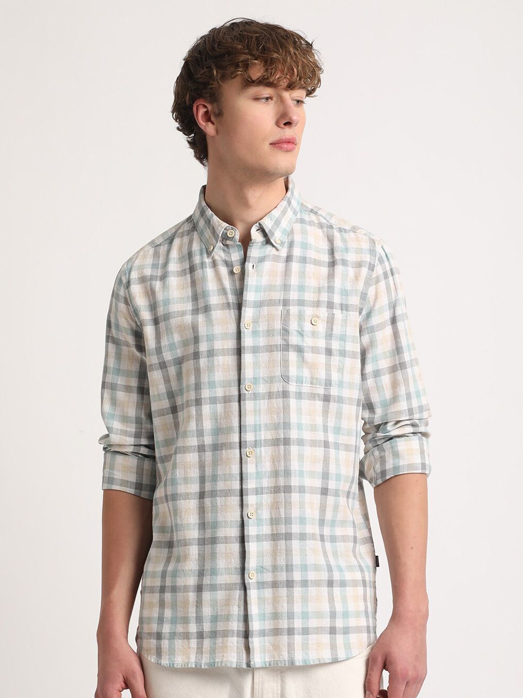 THE BEAR HOUSE Tartan Checks Slim Fit Cotton Linen Casual Shirt