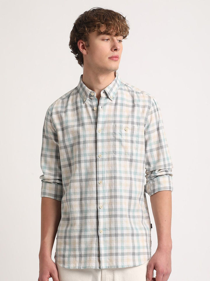 THE BEAR HOUSE Tartan Checks Slim Fit Cotton Linen Casual Shirt