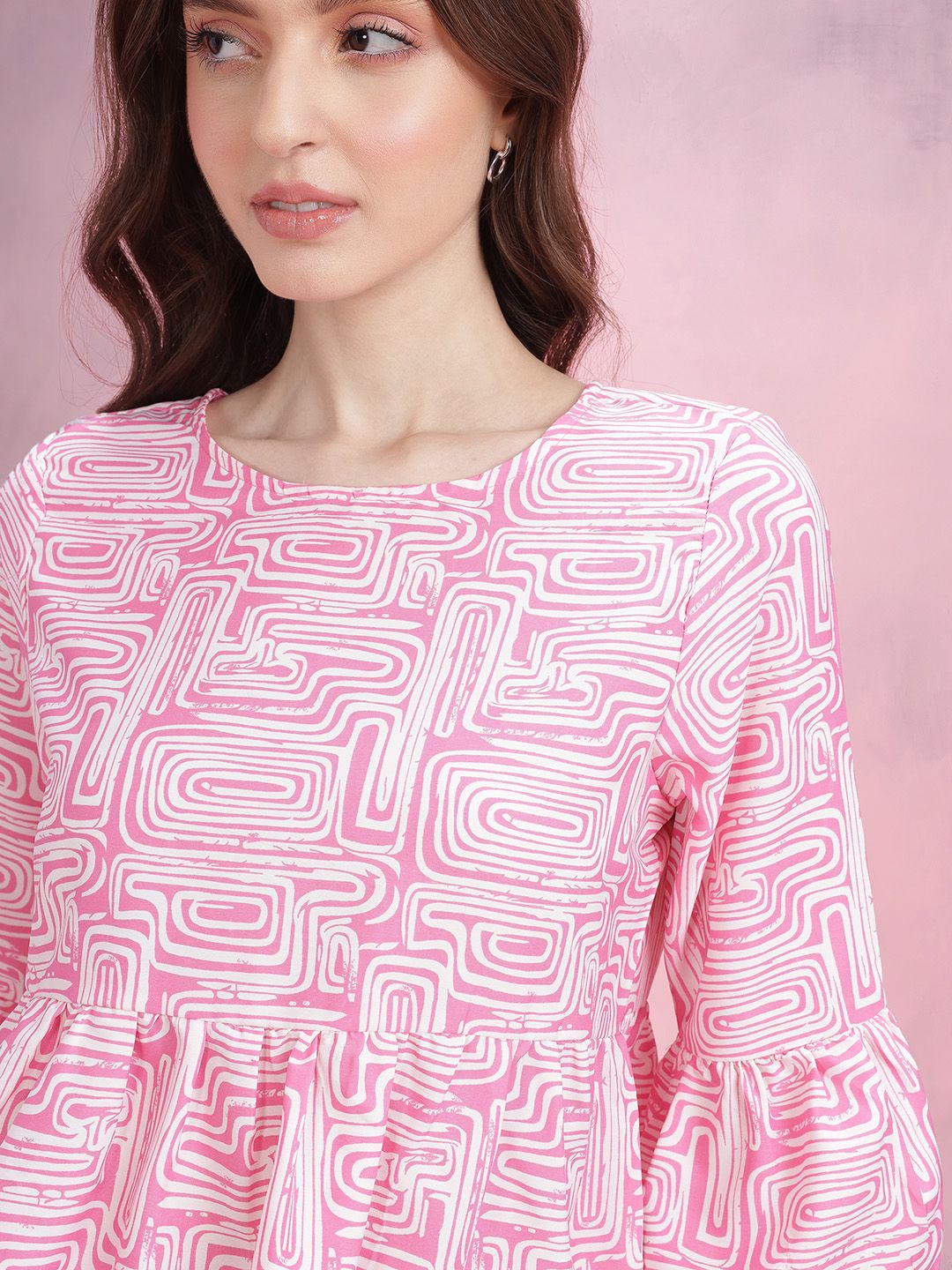 DressBerry Abstract Print Bell Sleeves Ruffled Peplum Top