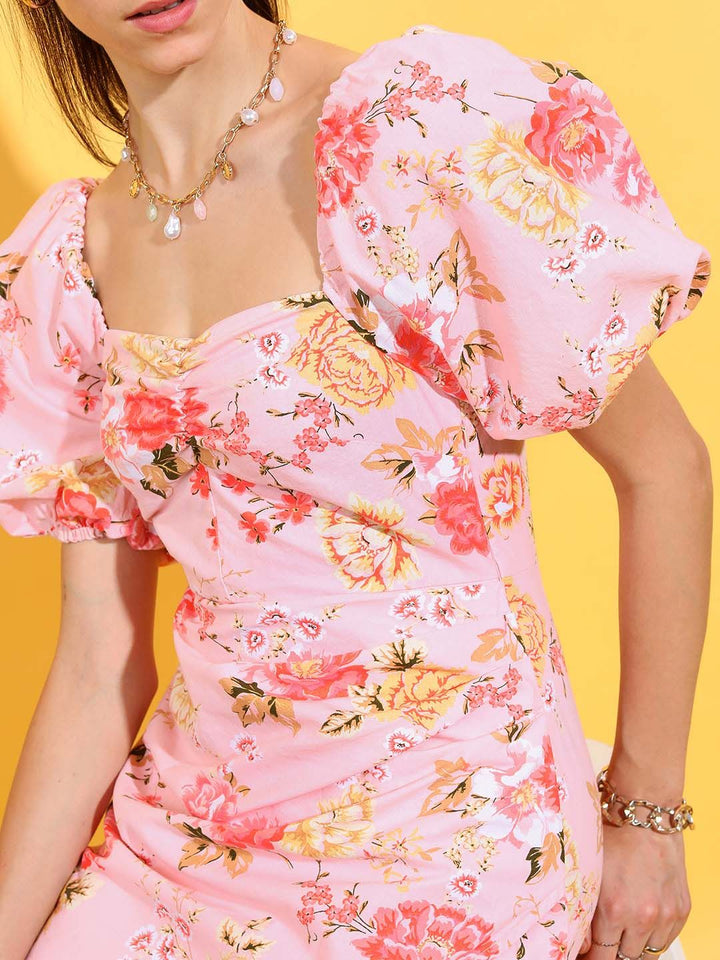 Tokyo Talkies Pink Floral Printed Puff Sleeves Ruched Cotton Sheath Dress