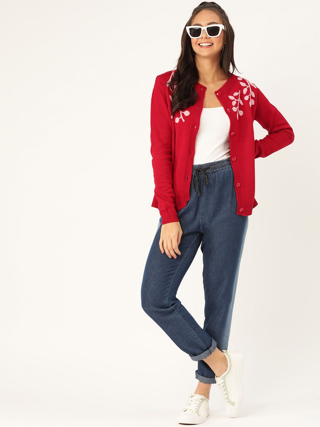 DressBerry Women Red & Pink Floral Embroidered Solid Cardigan