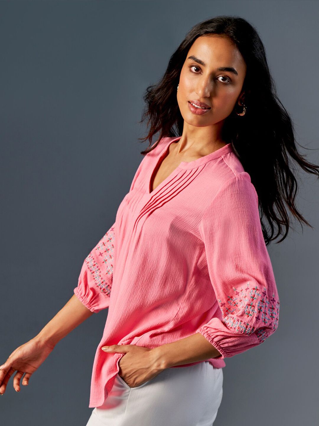 Global Desi V-Neck Flared Sleeves Top