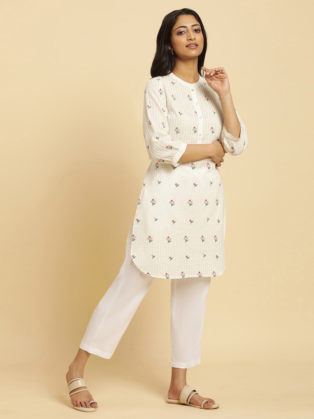 W Floral Embroidered Pure Cotton Straight Kurta