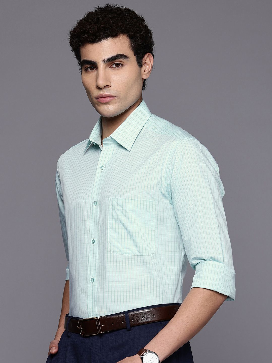 Raymond Pure Cotton Slim Fit Grid Tattersall Checks Checked Formal Shirt