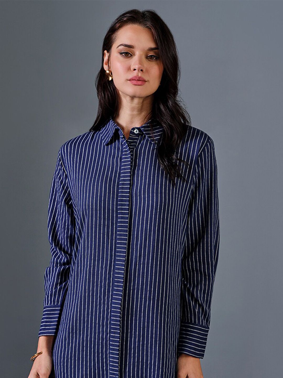 AND Striped Shirt Collar Linen Shirt Dress