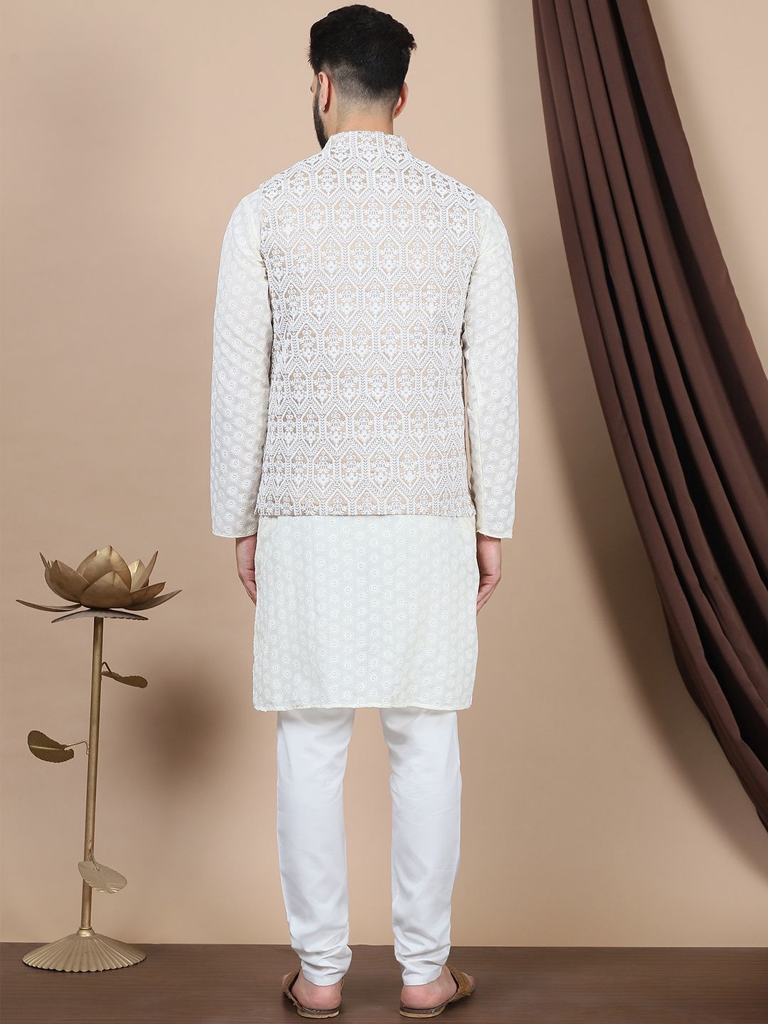 Anouk Cream Berwarna Bunga Sulam Benang Lurus Kerja Kapas Tulen Kurta & Churidar