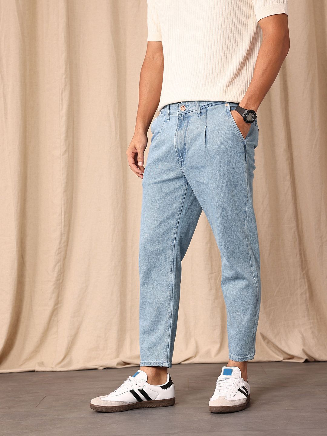 Mr Bowerbird Men Tapered Cropped Fit Light Fade Stretchable Pleated Jeans
