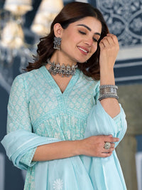 Vishudh Blue V Neck Floral Printed Regular Pure Cotton Kurta with Trousers & With Dupatta