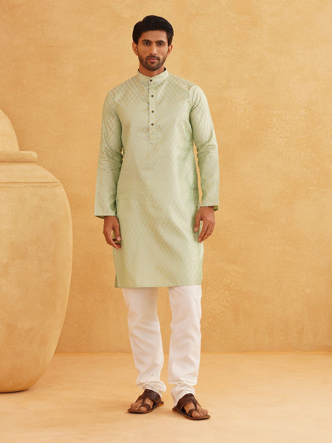 SOJANYA Floral Woven Design Mandarin Collar Kurta with Churidar