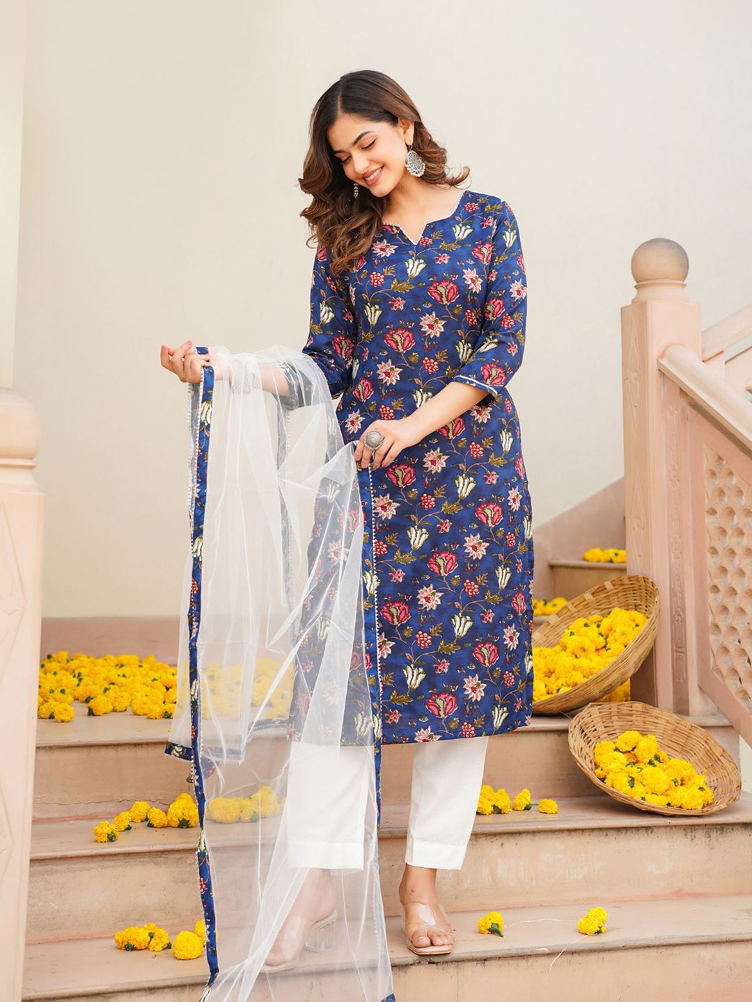 KALINI Floral Printed Gotta Patti Detail Straight Kurta & Trousers With Dupatta