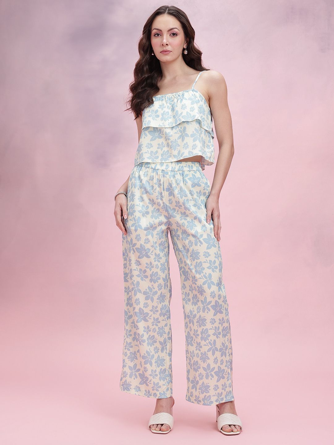 DressBerry Printed Ruffle Detail Sleeveless Top With Trousers Co-Ord Set