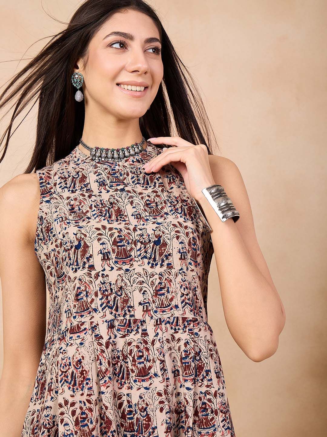 Anouk Beige Kalamkari Printed Halter Neck Pure Cotton A-Line Kurta With Palazzos