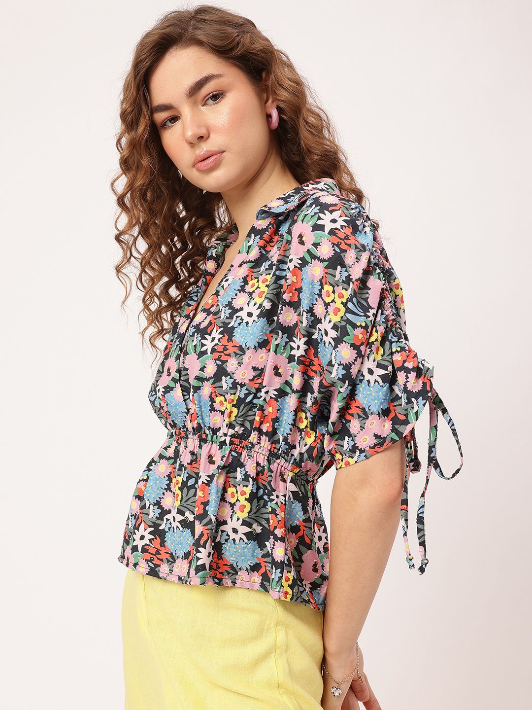 DressBerry Floral Allure Printed Dobby Weave Cinched Waist Top