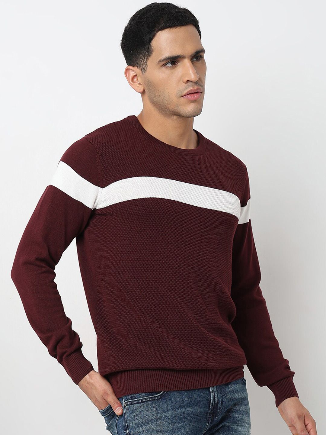 SPYKAR Colourblocked Round Neck Long Sleeves Cotton Pullover Sweater