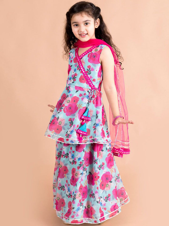 pspeaches Girls Floral Printed Angrakha Gotta Patti Kurti & Sharara With Dupatta