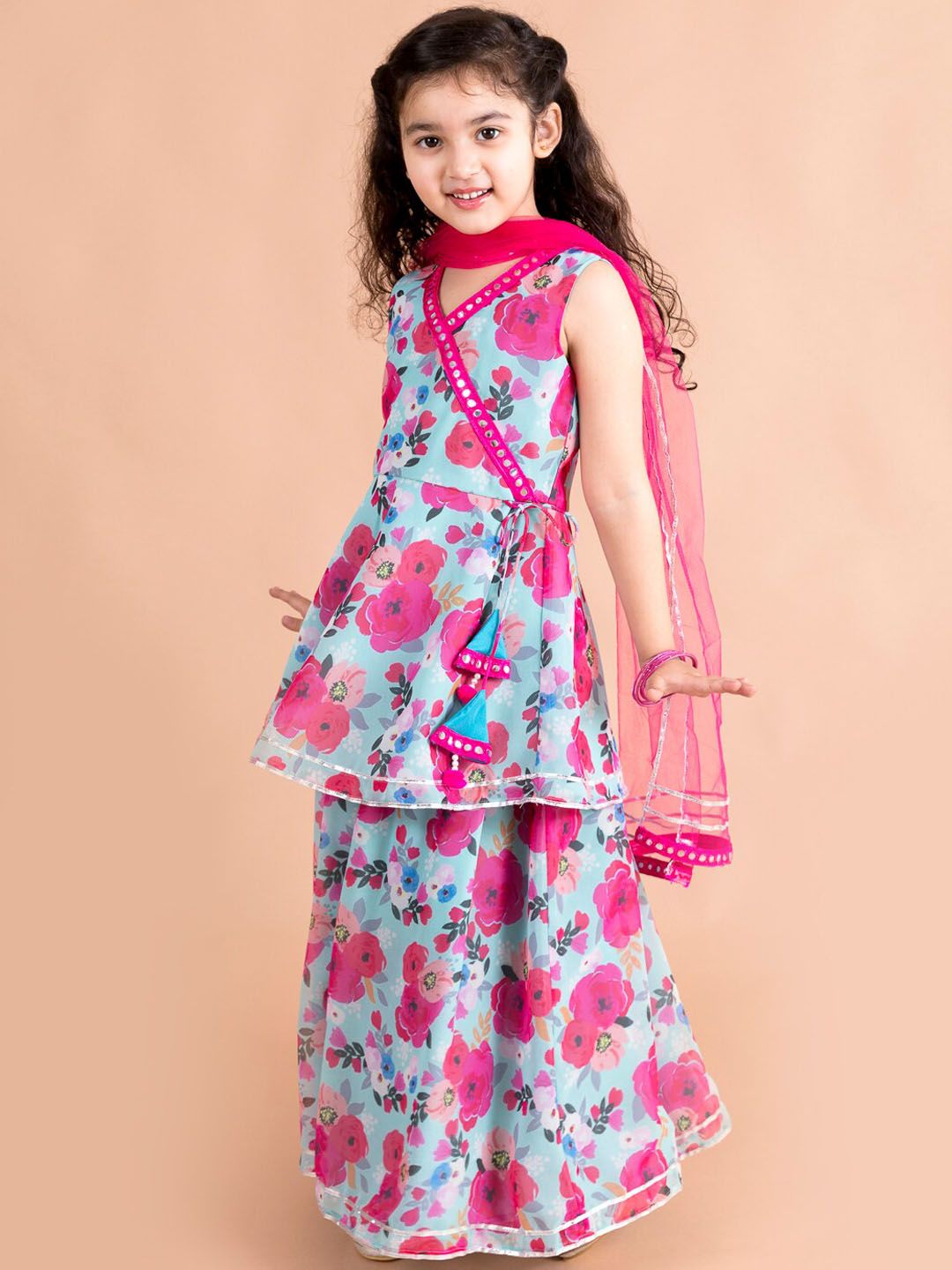pspeaches Girls Floral Printed Angrakha Gotta Patti Kurti & Sharara With Dupatta