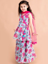 pspeaches Girls Floral Printed Angrakha Gotta Patti Kurti & Sharara With Dupatta