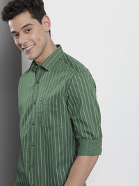 The Indian Garage Co Men Green & White Striped Cotton Casual Shirt