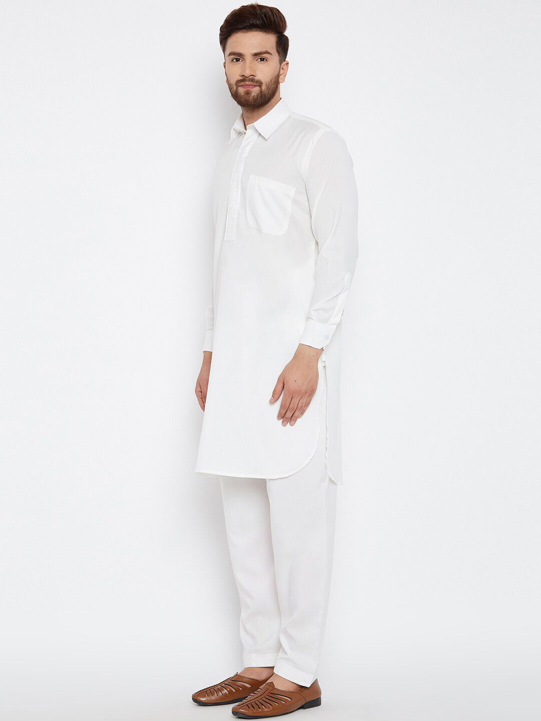 SOJANYA Shirt Collar Curved Hem Pathani Kurta with Salwar