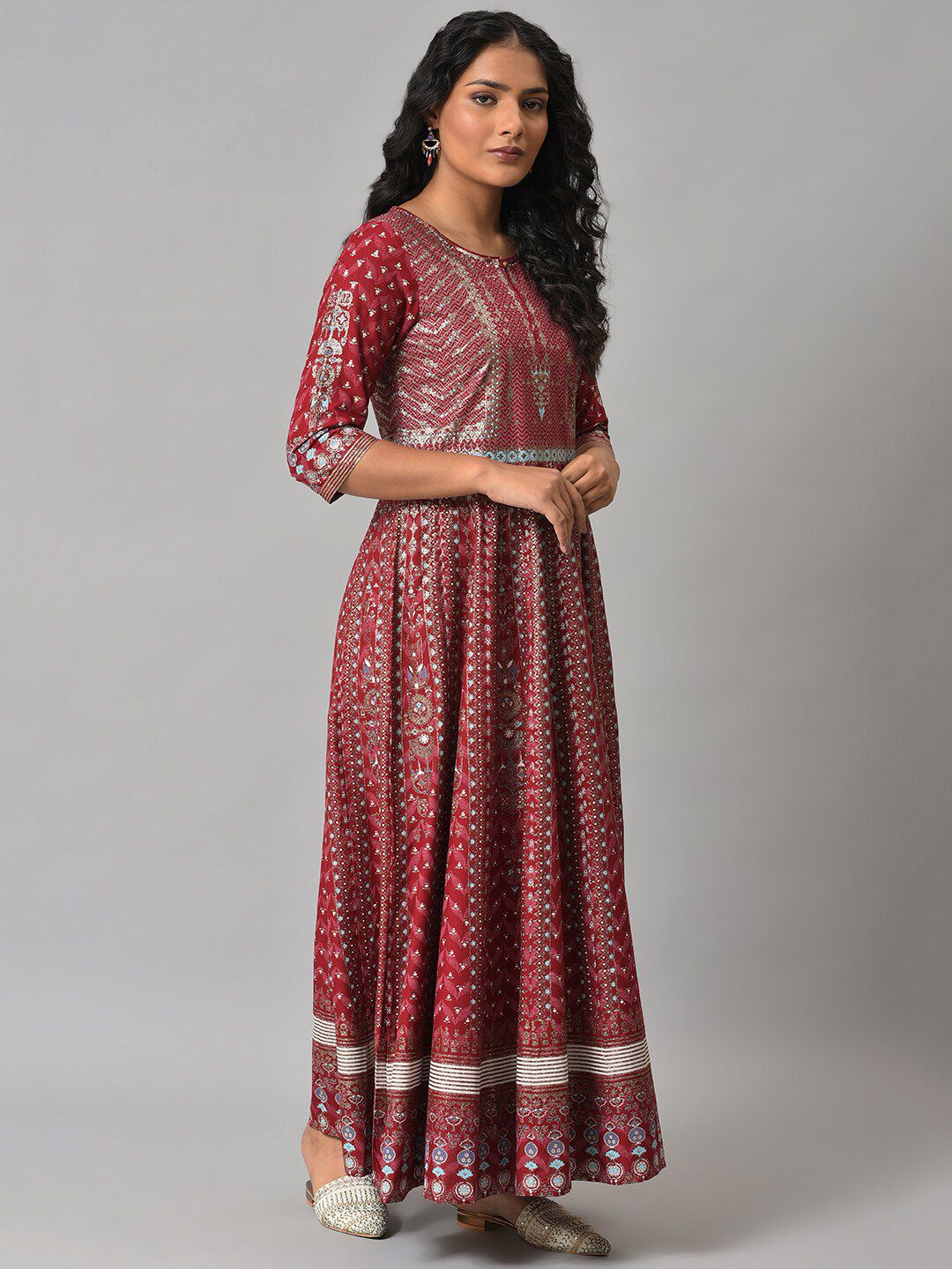 W Red Ethnic Motifs Keyhole Neck Ethnic Maxi Dress