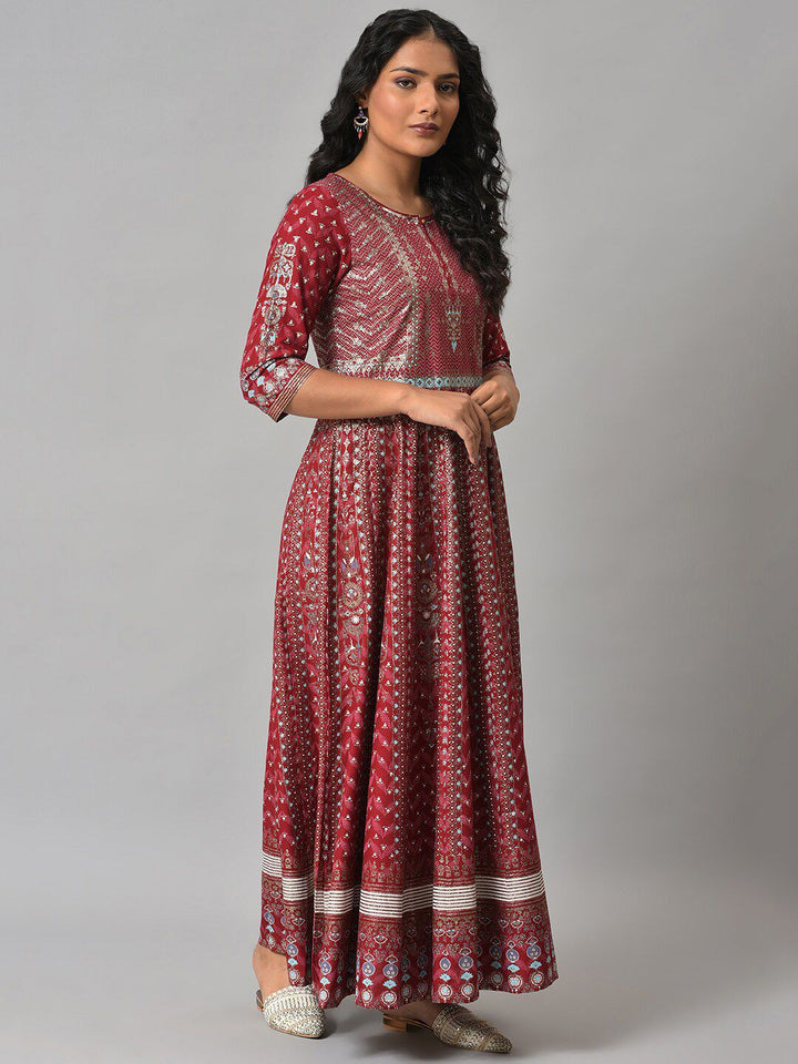 W Red Ethnic Motifs Keyhole Neck Ethnic Maxi Dress