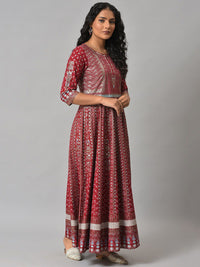 W Red Ethnic Motifs Keyhole Neck Ethnic Maxi Dress
