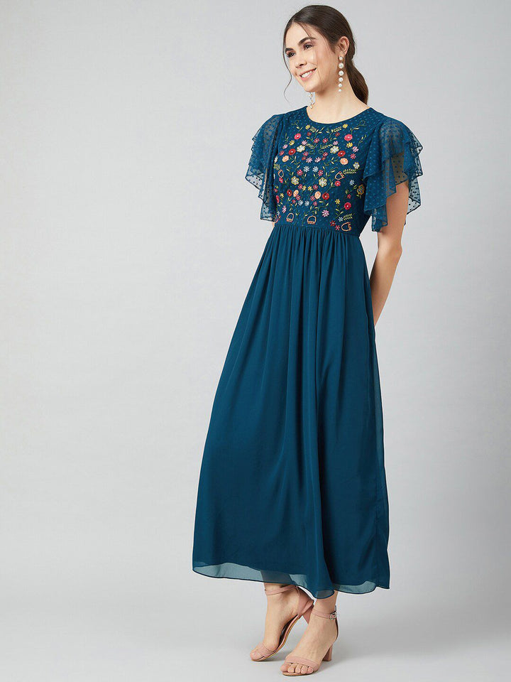 Athena Blue Embroidered Maxi Dress