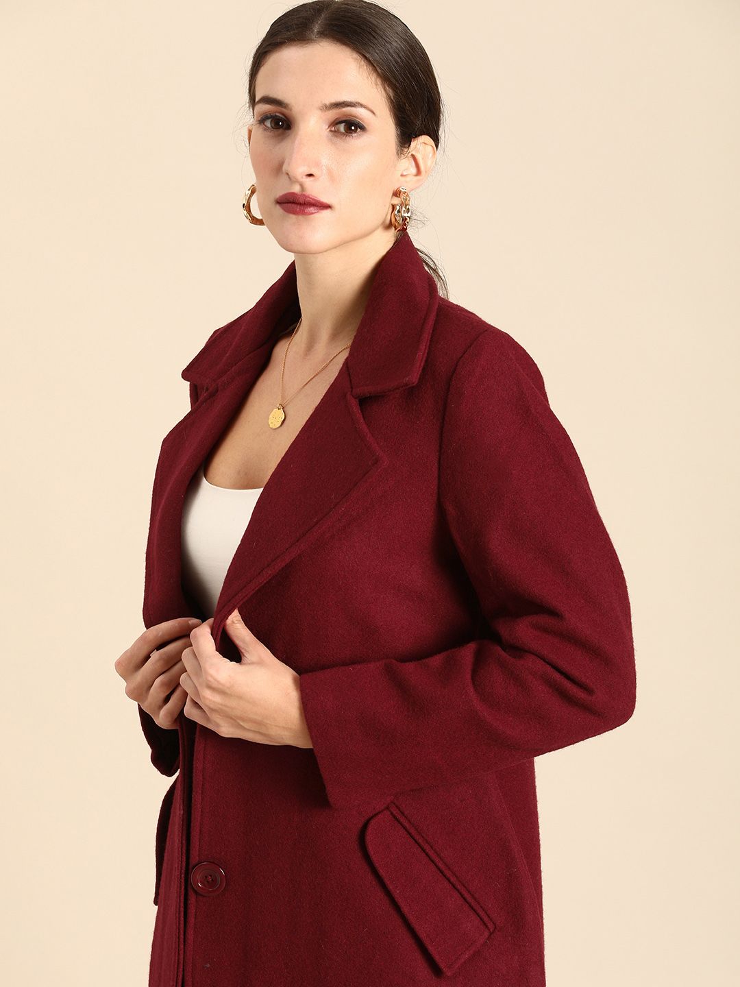 all about you Women Maroon Notched Lapel Single-Breasted Trench Coat
