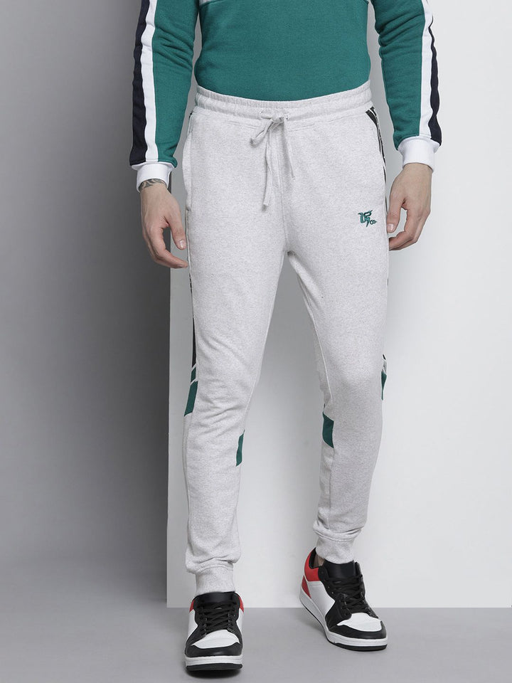 The Indian Garage Co Men Grey & Teal-Green Printed Slim-Fit Joggers