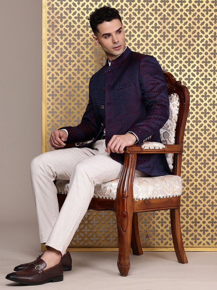 House of Pataudi Geometric Self Design Jashn Ethnic Mandarin Collar Blazer
