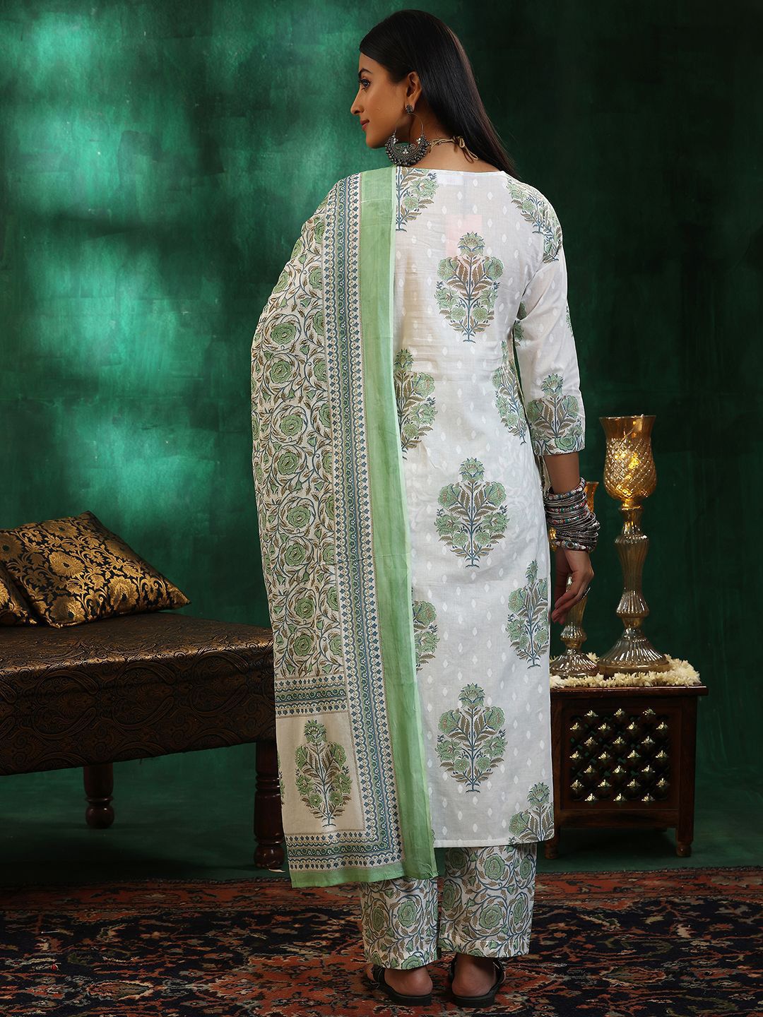 Libas Floral Printed Gotta Patti Pure Cotton Straight Kurta with Trousers & Dupatta