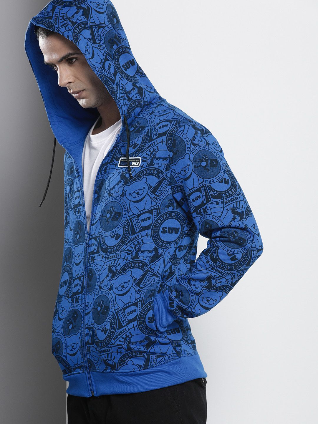 The Indian Garage Co Men Blue Printed Hooded Sweatshirt
