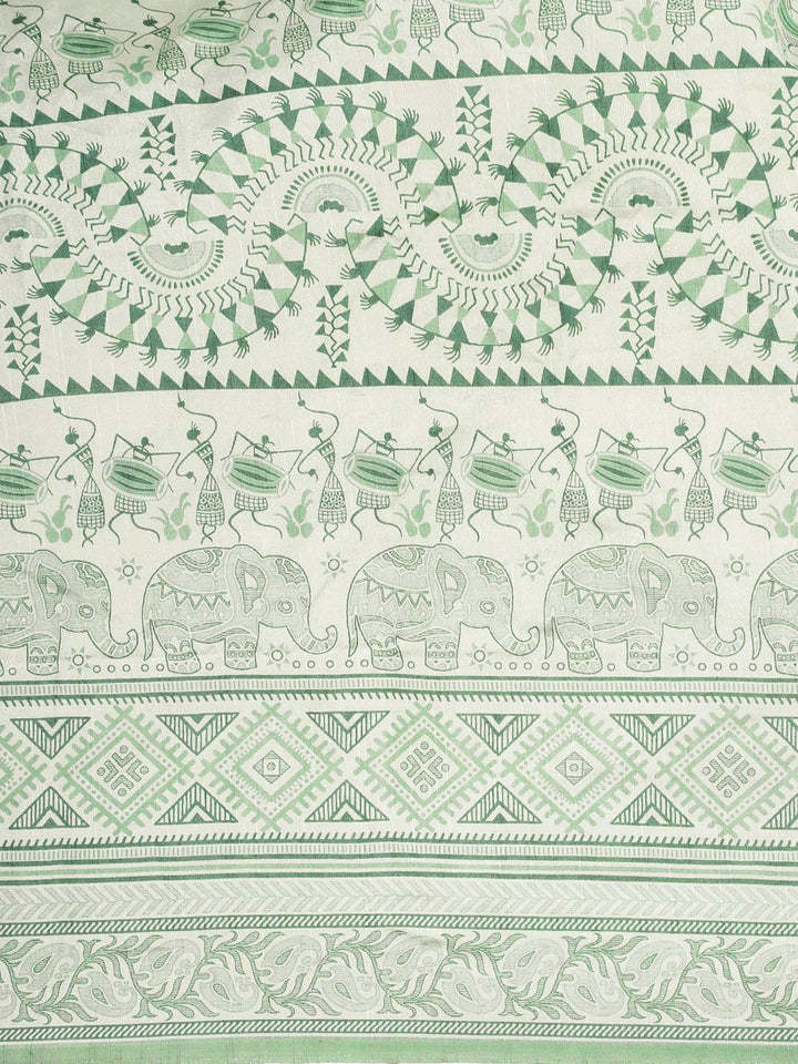 Saree mall Sea Green & White Ethnic Motifs Block Print Sarees