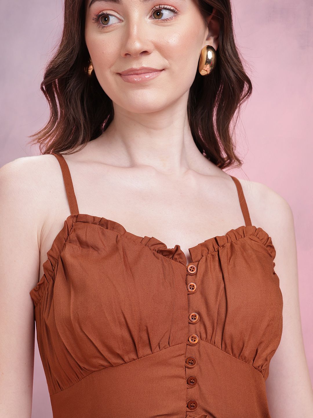 DressBerry Shoulder Straps Ruffle & Tie-Up Detail Midi Empire Dress