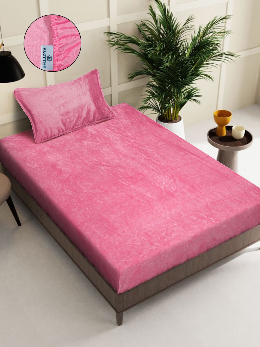 KLOTTHE Pink Woolen 300 TC Fitted Single Bedsheet With Pillow Cover