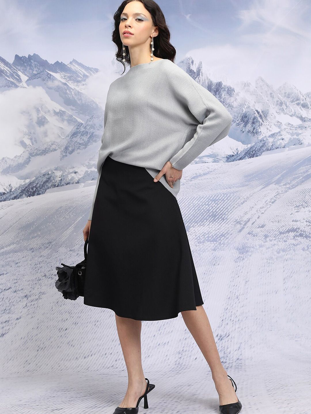 Tokyo Talkies Grey Boat Neck Acrylic Pullover