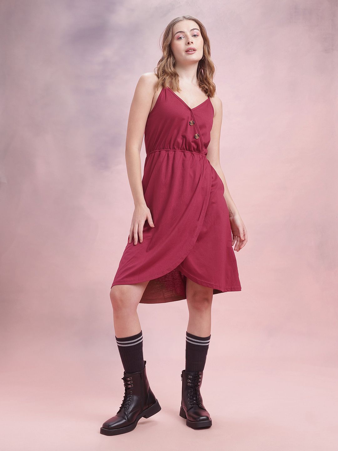DressBerry Gathered Detail Shoulder Straps A-Line Wrap Dress with Mock Buttons