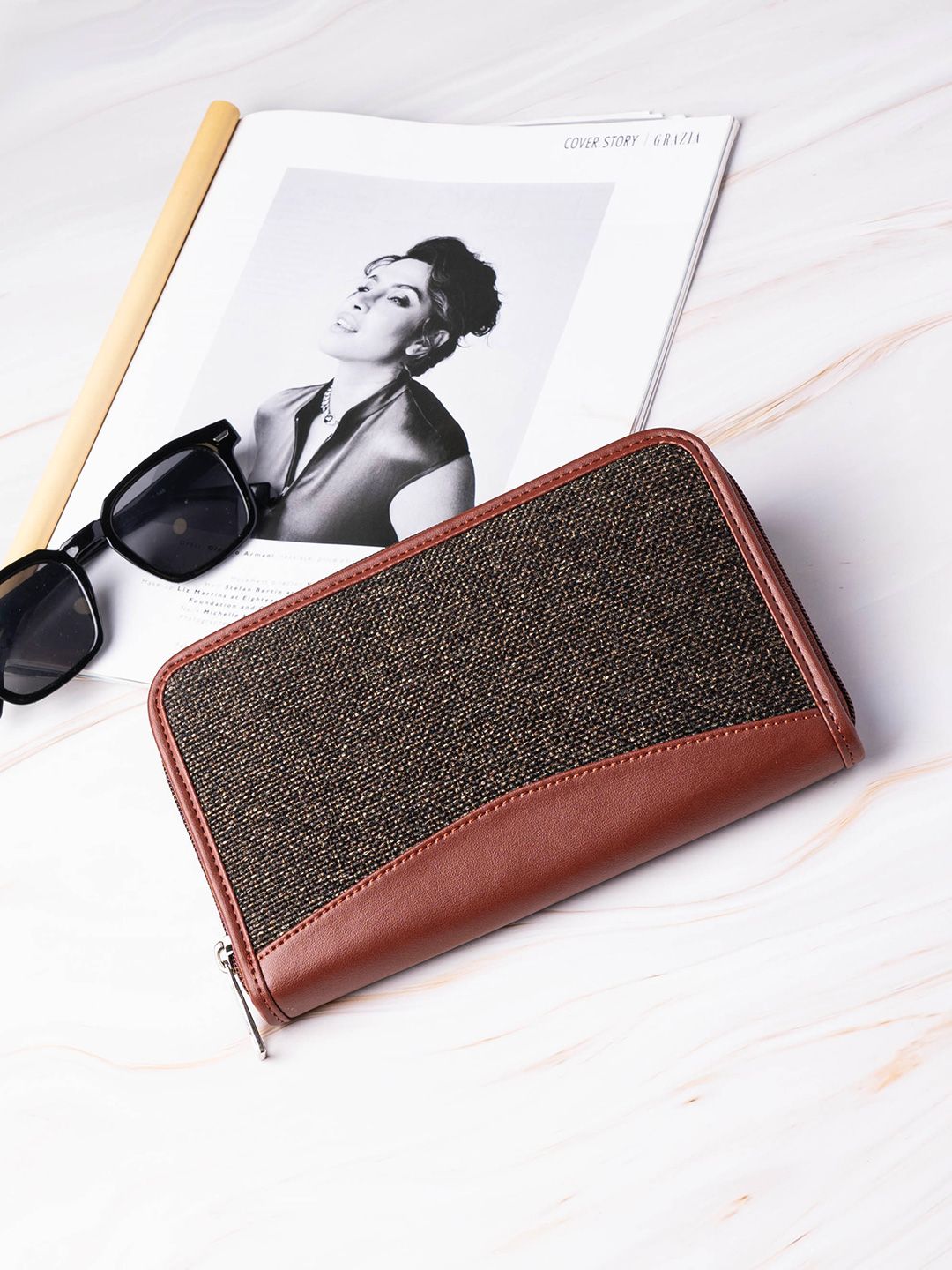 ZOUK Women Brown Solid Vegan Leather Zip Around Wallet