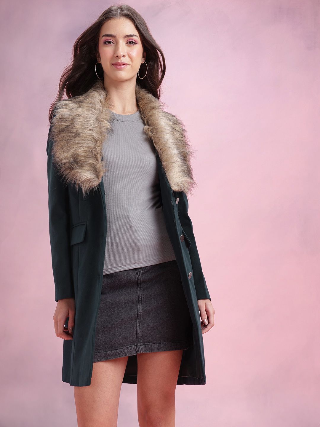 DressBerry Fur Shawl Collar Single-Breasted Overcoat