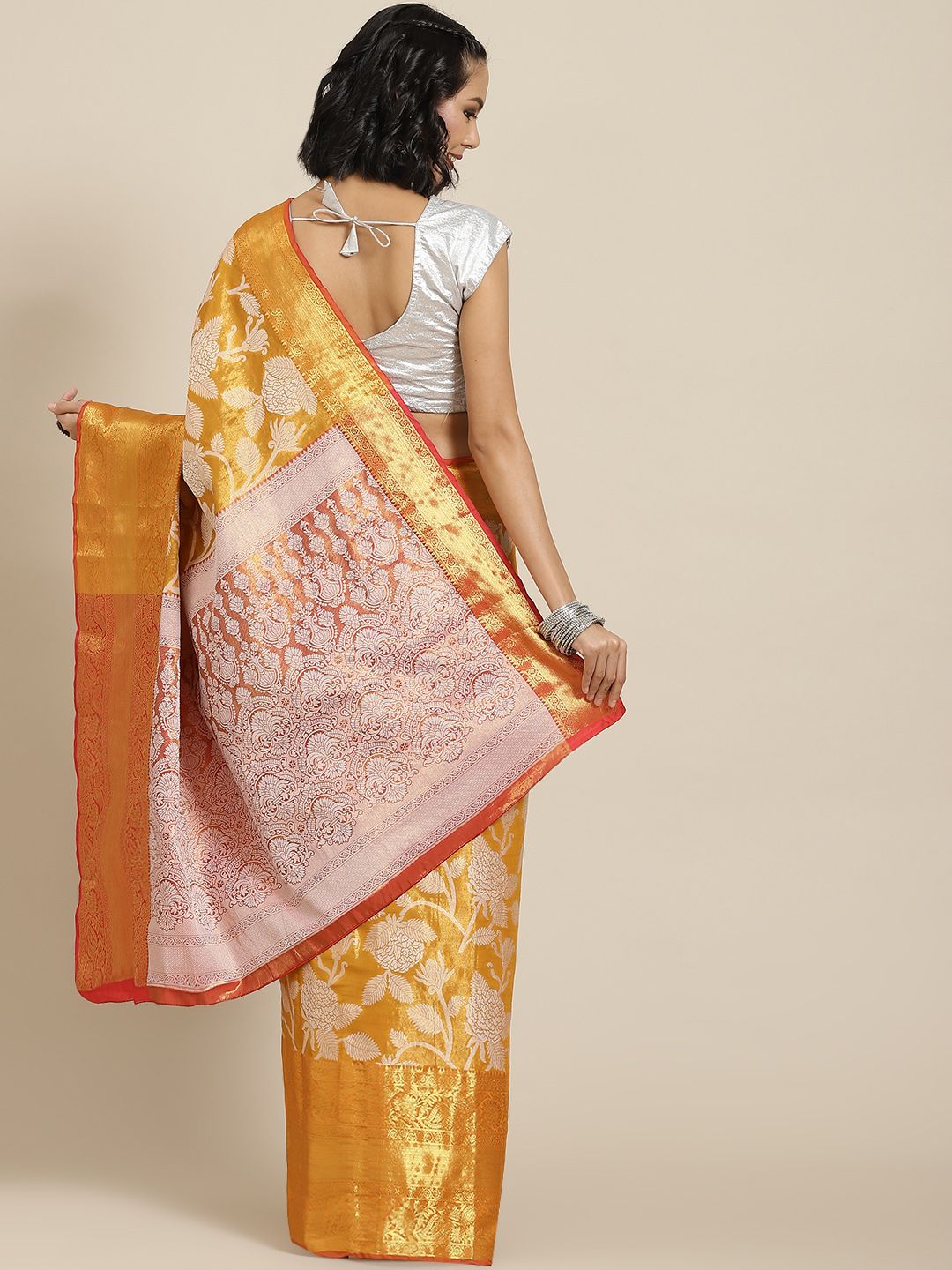 Silk Land Orange Floral Zari Ikat Saree