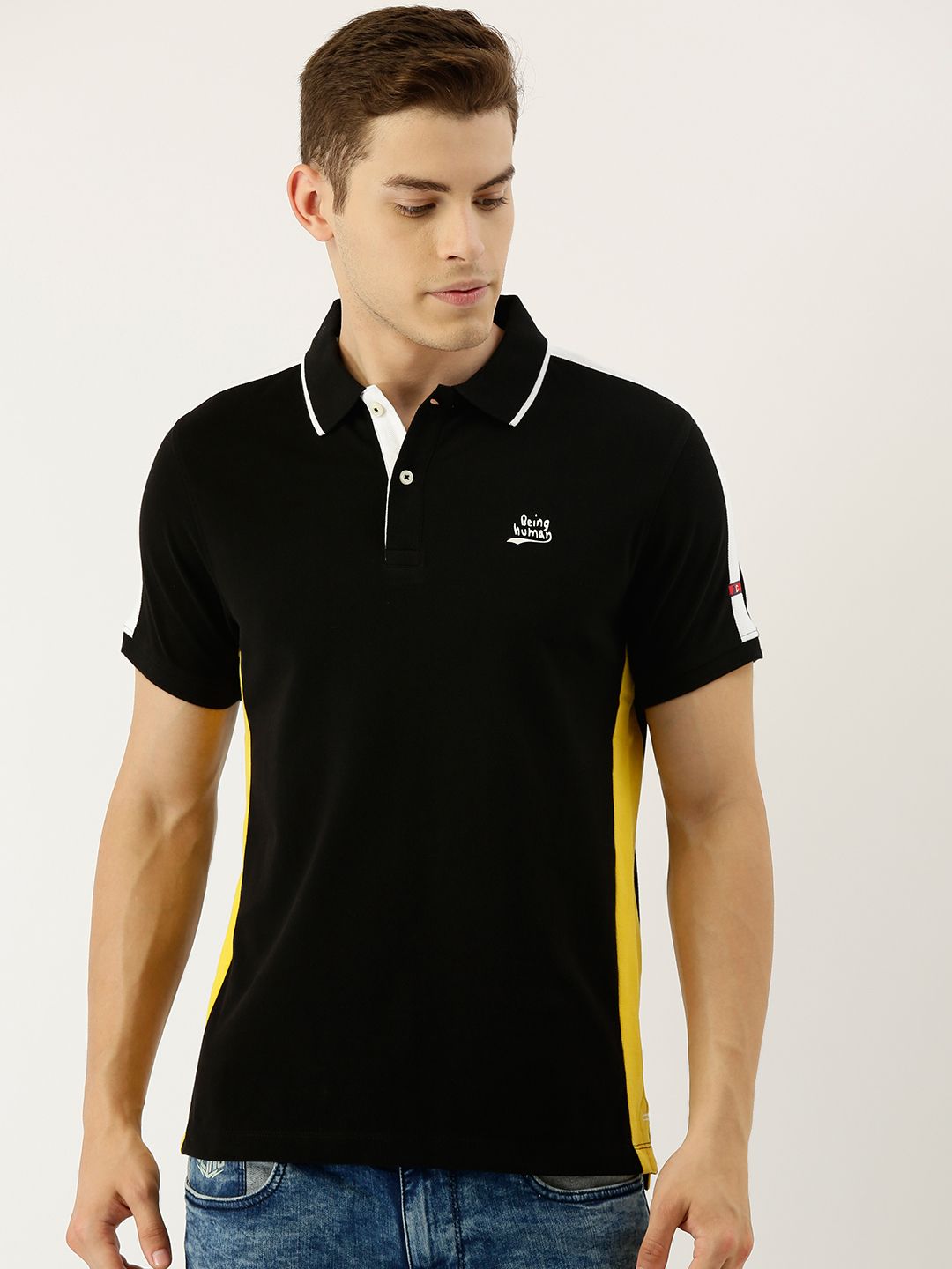 Being Human Clothing Men Black Solid Polo Collar Pure Cotton T-shirt with Side Stripes