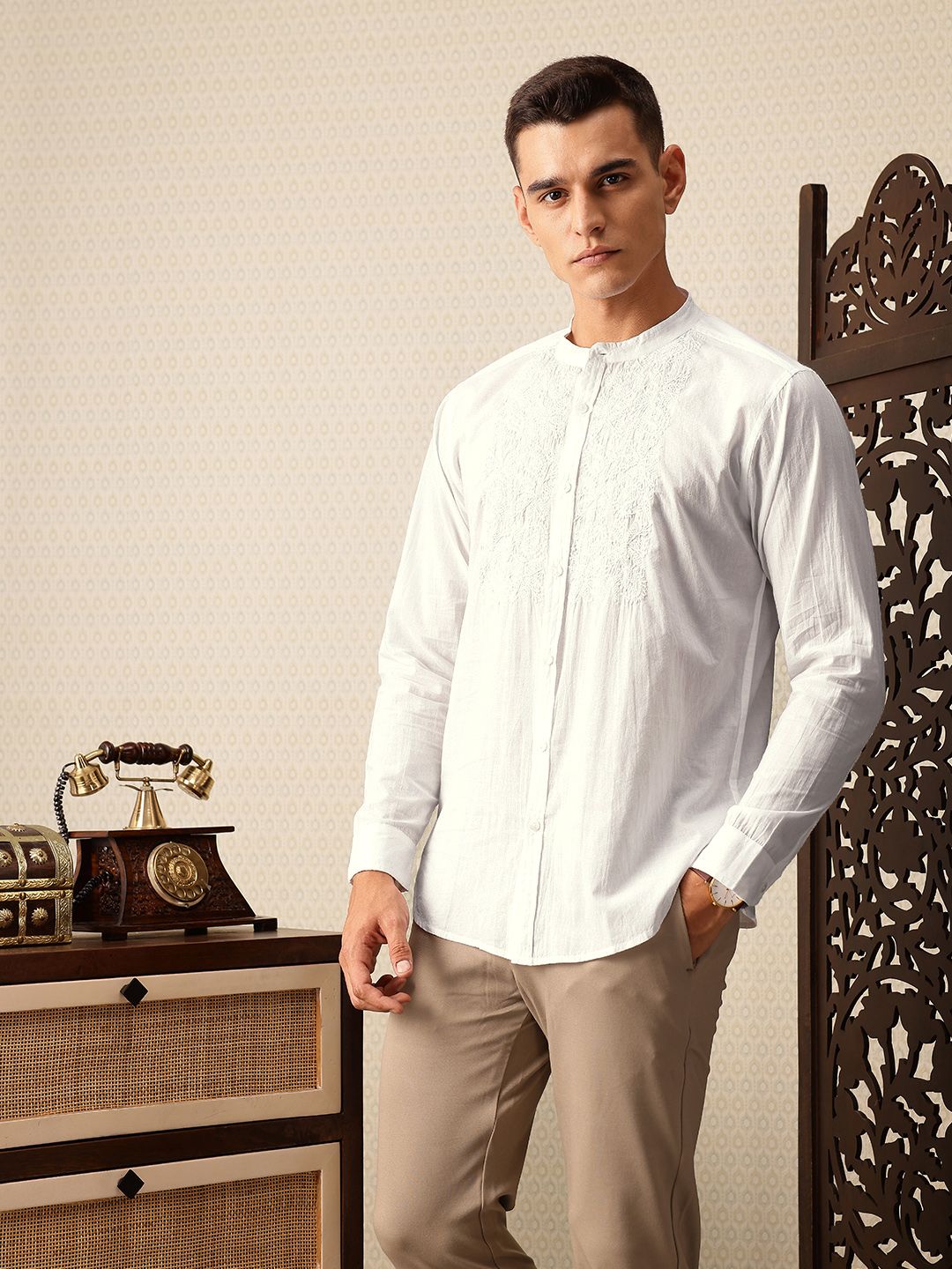 House of Pataudi Embroidered Band Collar Pure Cotton Jashn Shirt