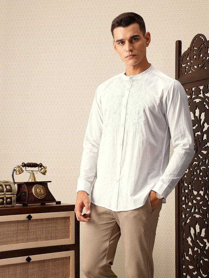 House of Pataudi Embroidered Band Collar Pure Cotton Jashn Shirt