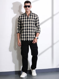 Thomas Scott Men Classic Slim Fit Spread Collar Windowpane Checked Cotton Casual Shirt