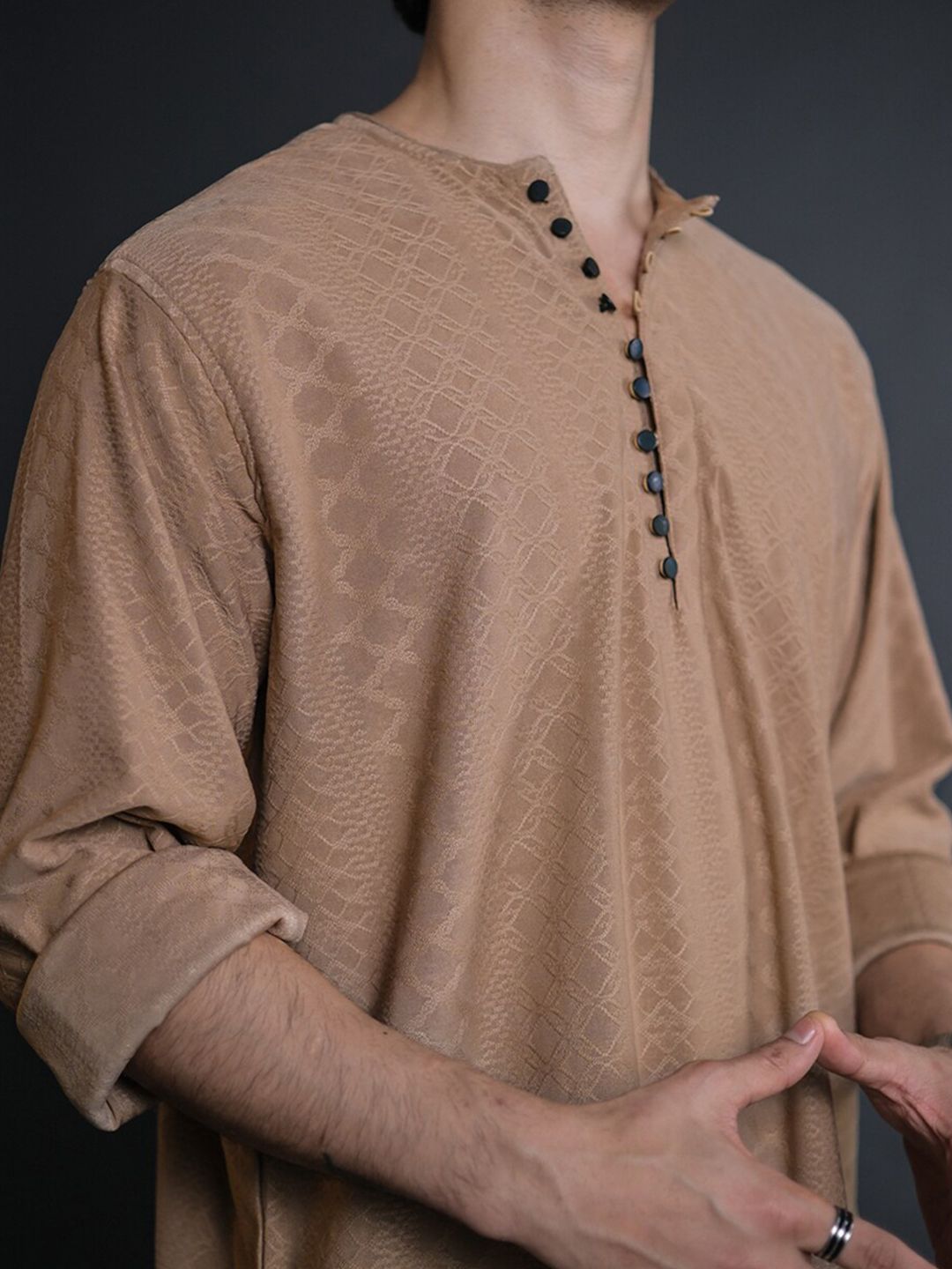 Powerlook Brown Self Design Half Placket Casual Shirt