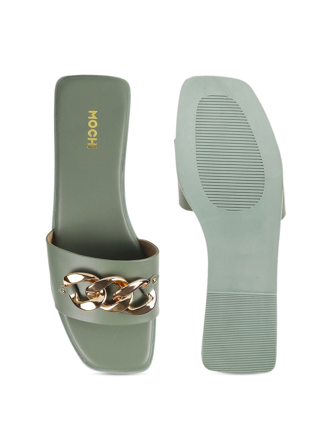 Mochi Women Green & Gold-Toned Open Toe Flats with Buckles